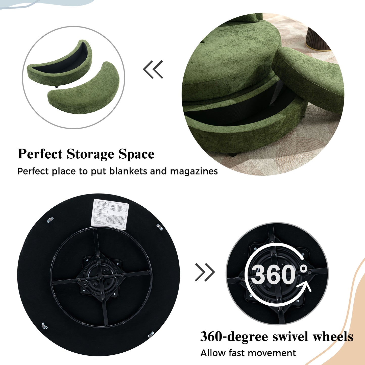 360° Swivel Accent Barrel Chair with Storage Ottoman & 4 Pillows - Green