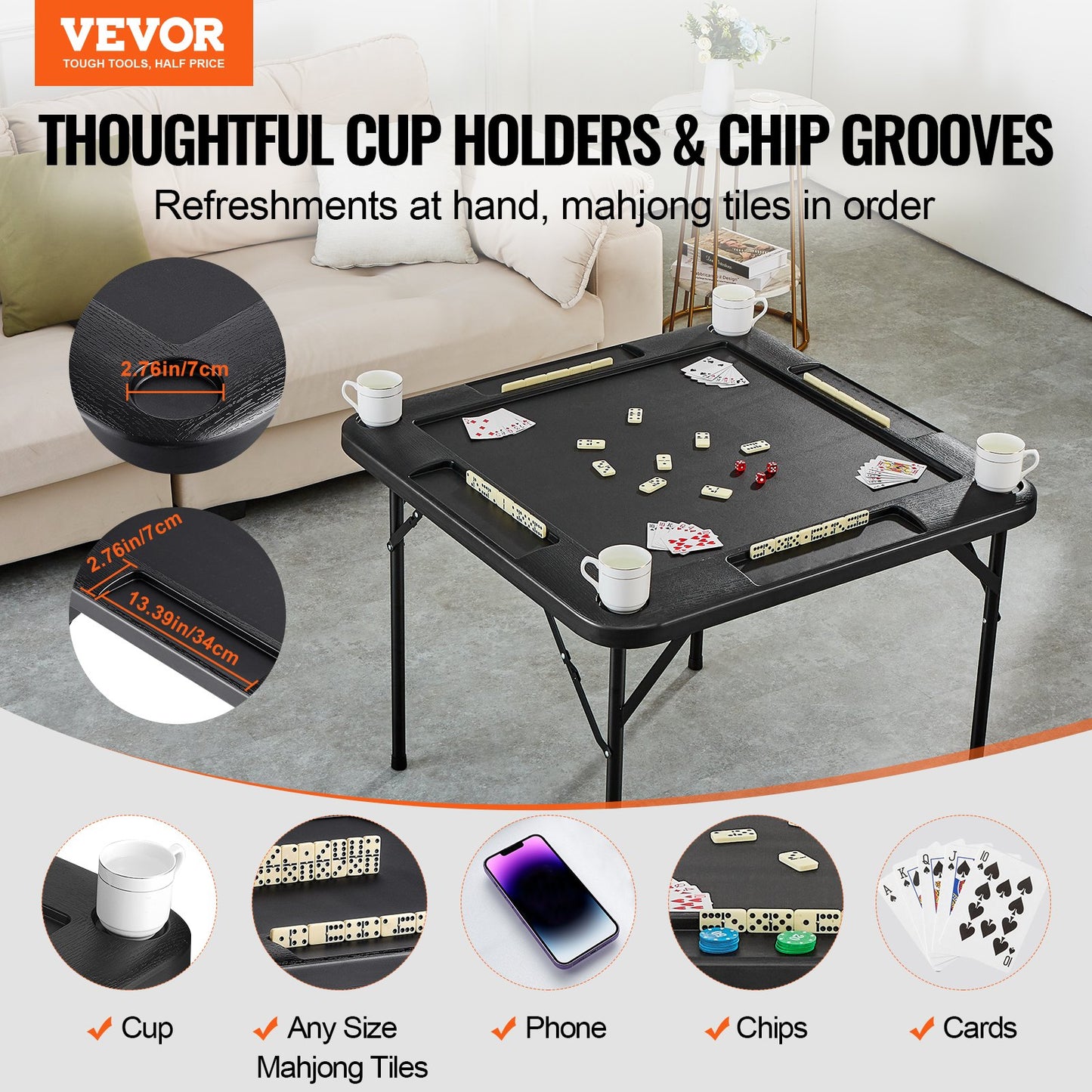 Folding Mahjong Table for 4 Players with Cup Holders & Chip Trays - Black