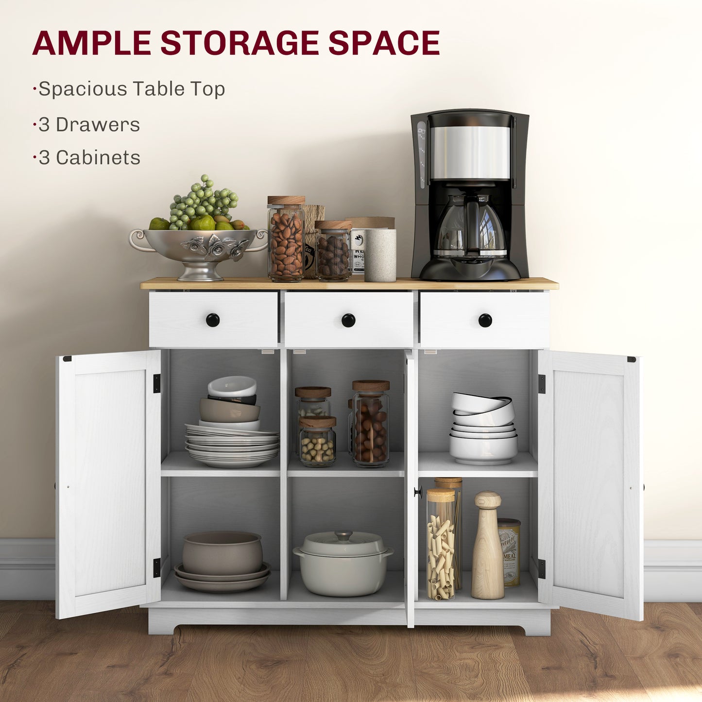 Kitchen Storage Cabinet with Adjustable Shelf & 3 Drawers - Distressed White