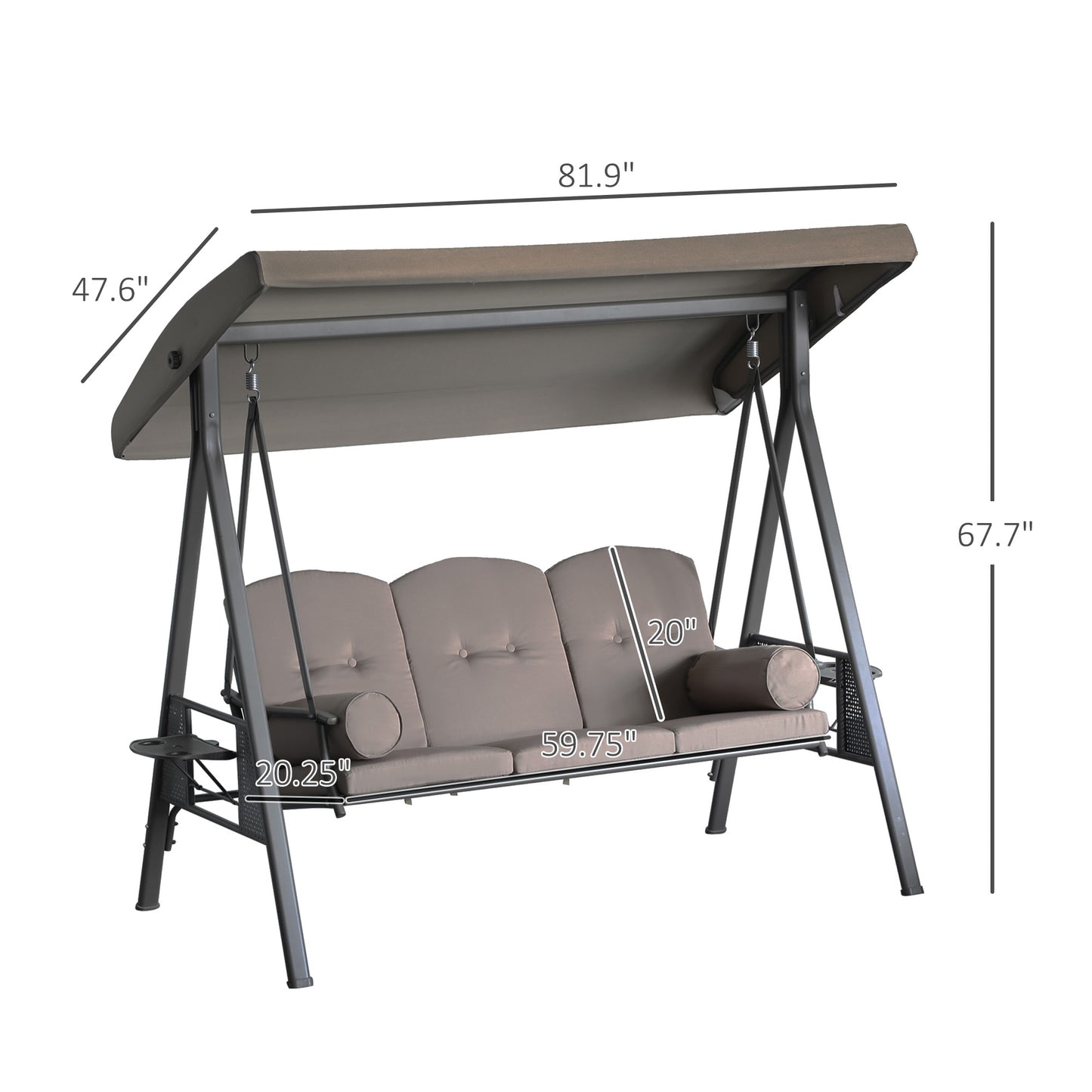 3-Person Steel Canopy Patio Swing Bench with Cushions - Brown