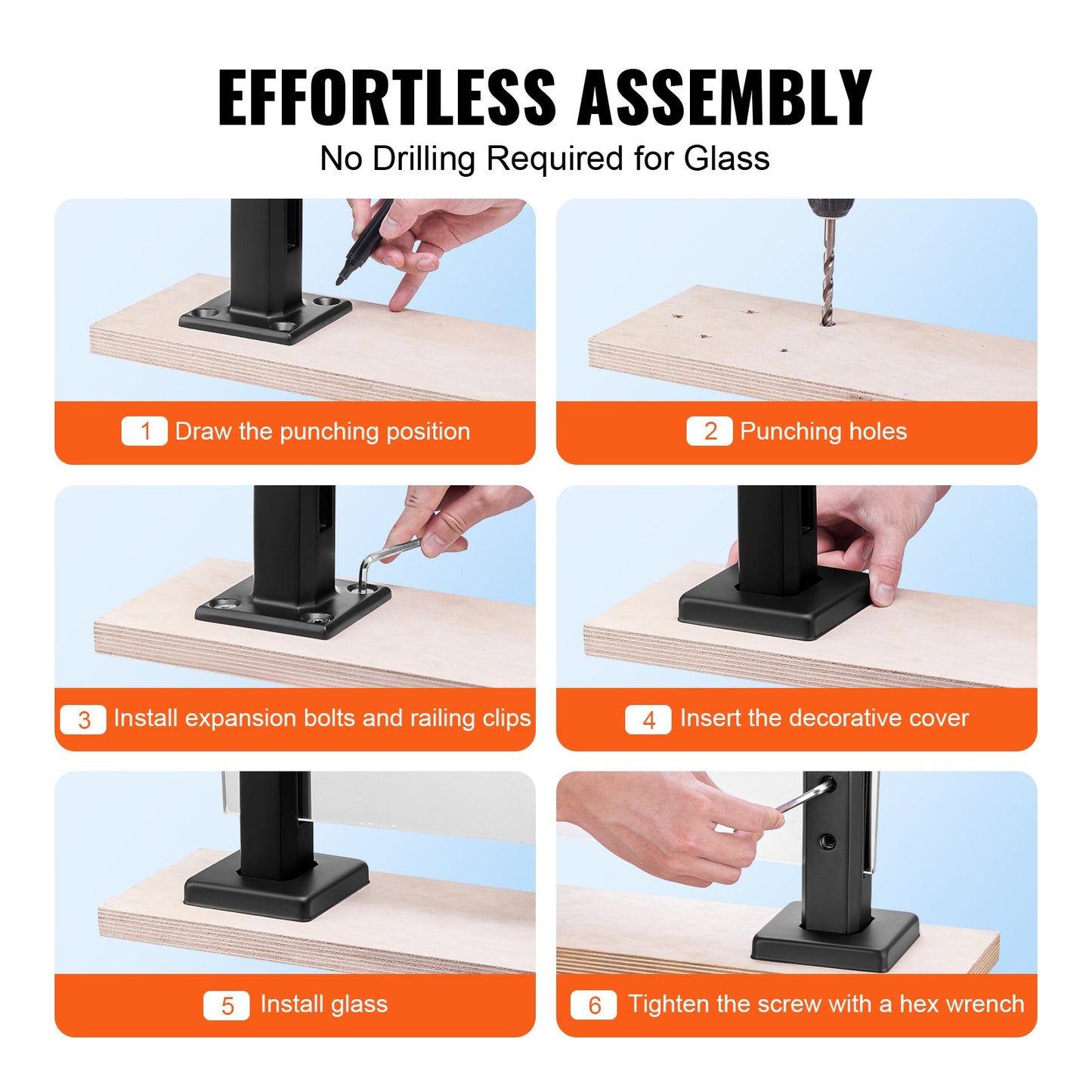 Glass Clamp Set - 10 Black Square Railing Brackets for 0.31-0.47 inch Glass