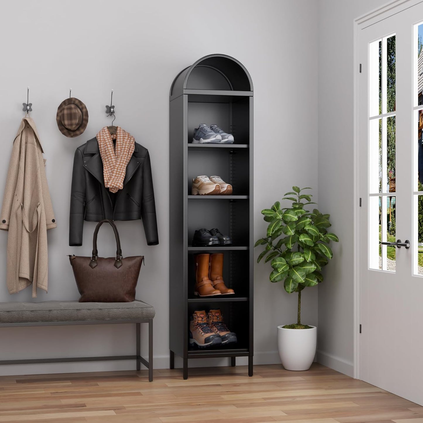 6-Tier Metal Arch Bookshelf - Freestanding Storage Organizer - Black