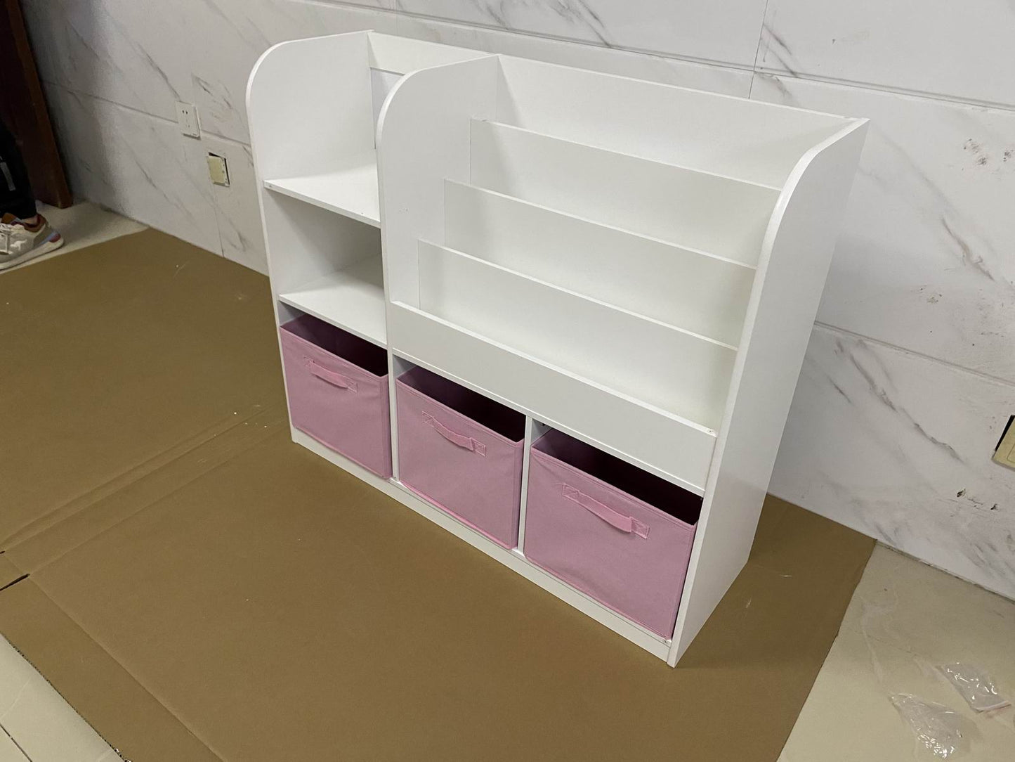 Kids Bookcase with 3 Fabric Drawers - White and Pink