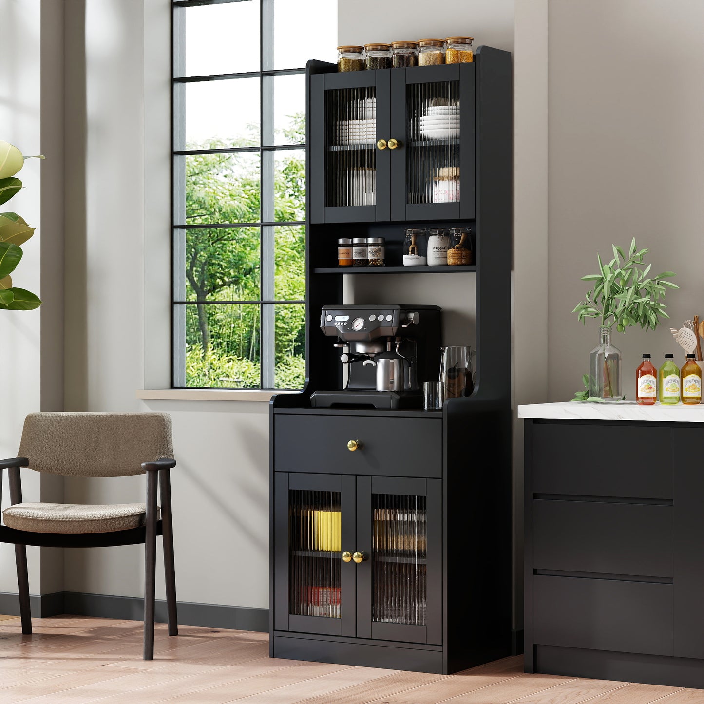 Black Kitchen Pantry Hutch Storage Cabinet, Farmhouse Buffet Cabinet