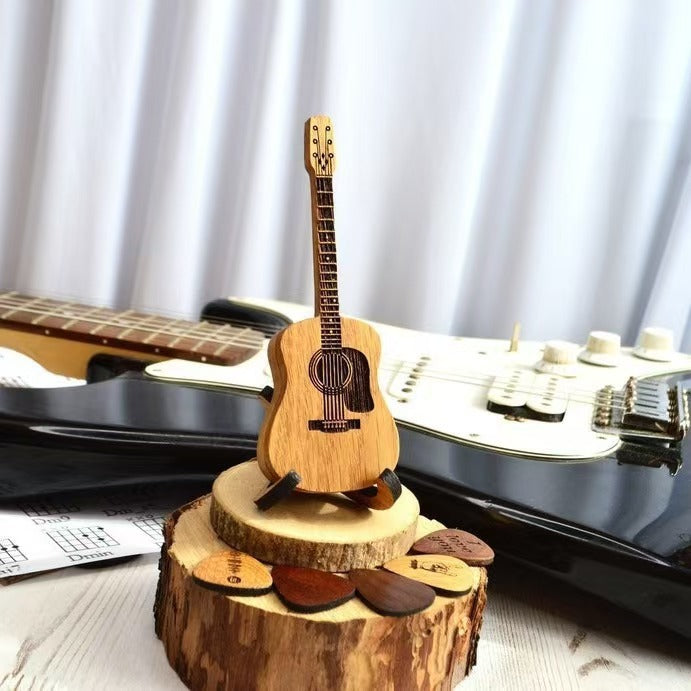 Wooden Guitar Ornament with Stand and Pick Box - Modern Decorative Gift