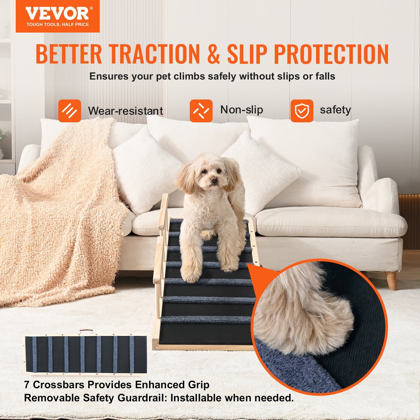 Adjustable Wooden Dog Ramp for Bed Couch Car - Non-Slip Pet Steps