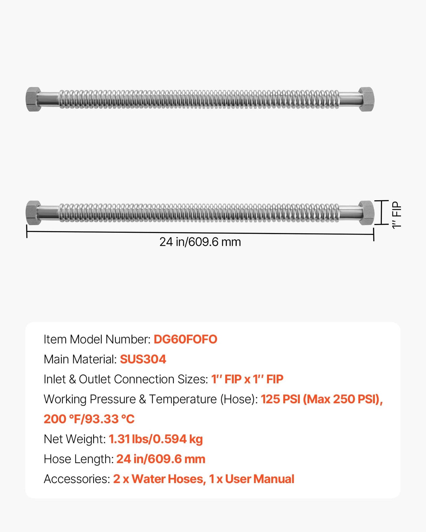 Water Heater Flex Connector Kit 24 Inch Stainless Steel FIP Fittings for Plumbing