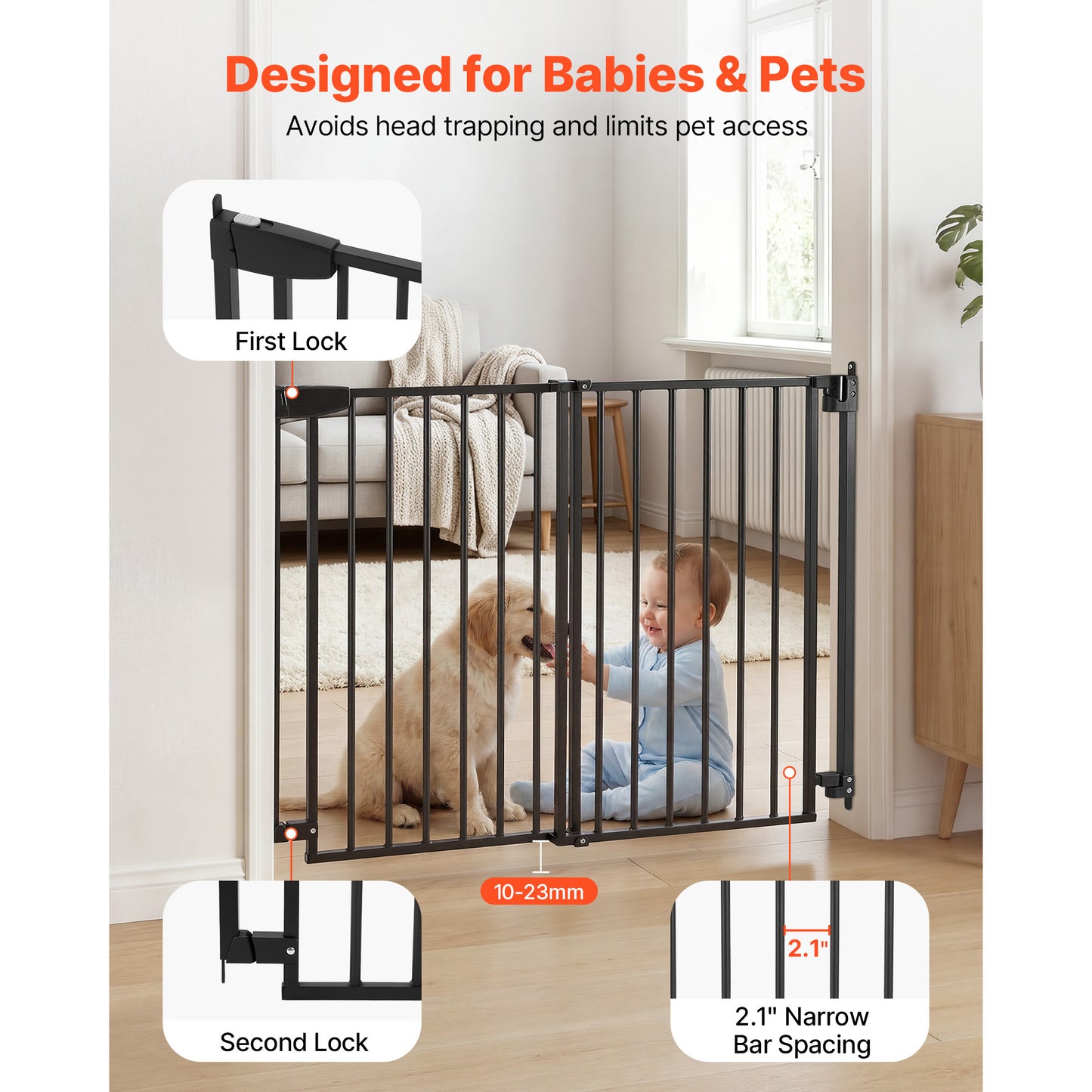 Baby Gate for Stairs & Doorways - Adjustable, No Bottom Bar, One-Handed Operation, Black