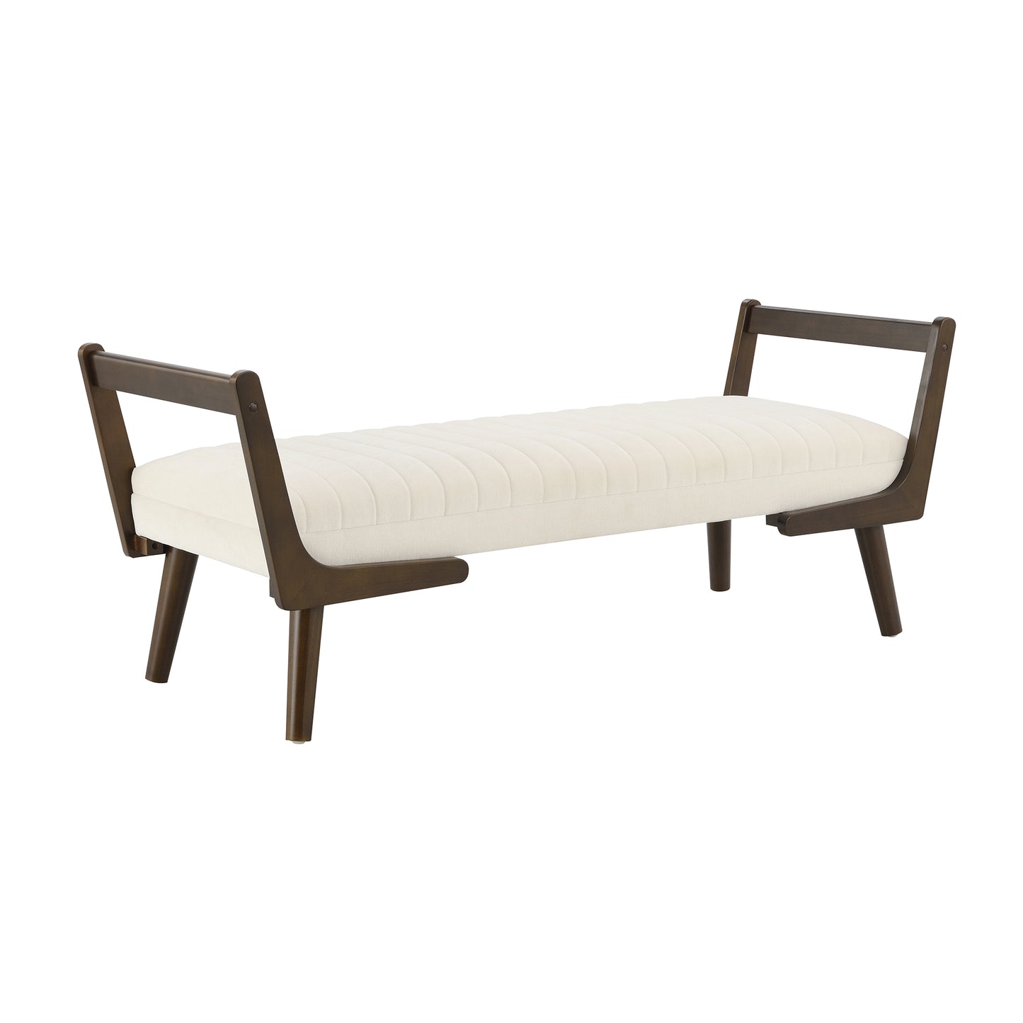 52 Mid Century Bench With Walnut Wood Leg,Channeled Upholstered