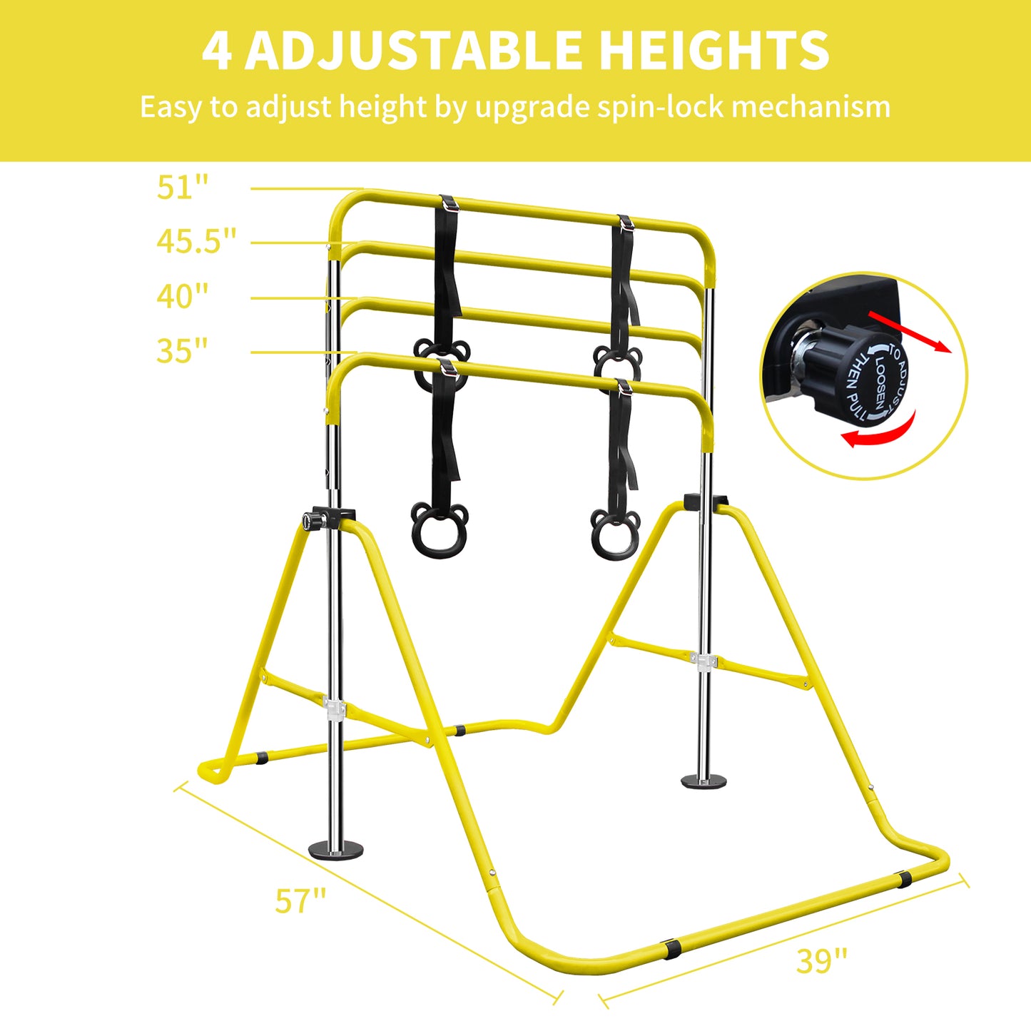 Adjustable Height Children's Gymnastic Bar with Bear Rings - Yellow