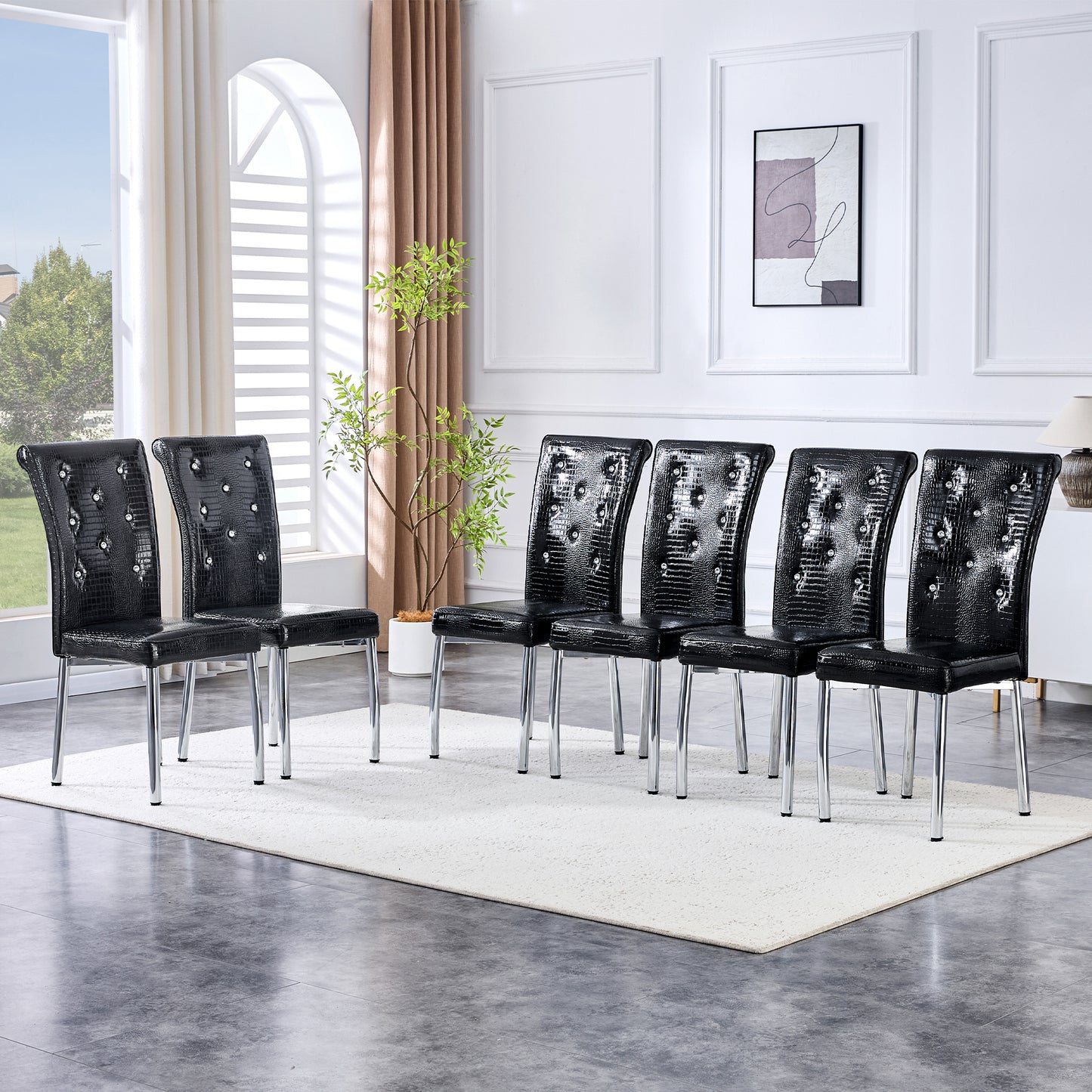 Set of 4 Retro Alligator Skin Dining Chairs with Crystal Buckle - Black