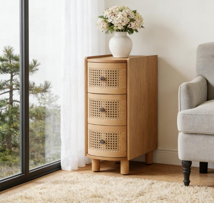 Solid Wood Nightstand with Rattan Drawers - Oak Finish