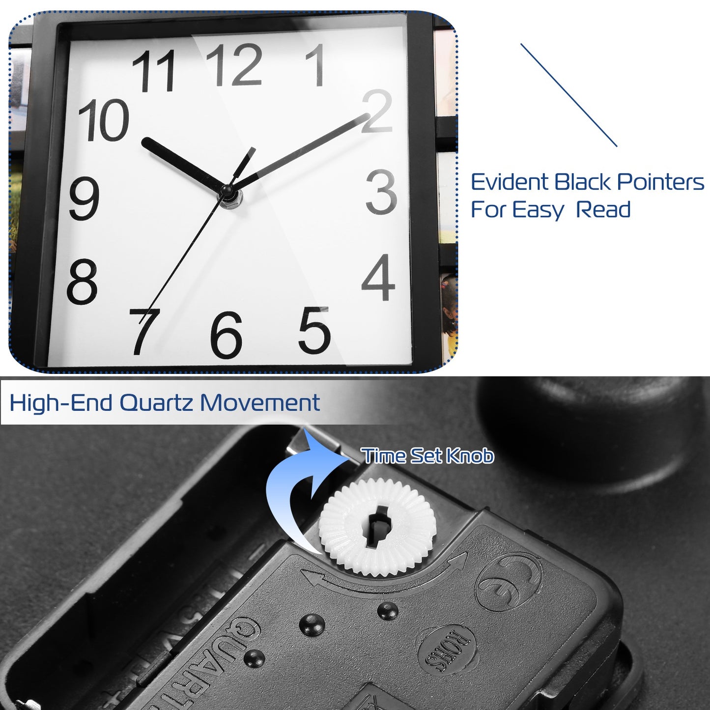Photo Frame Wall Clock - 12 Picture Collage, Black