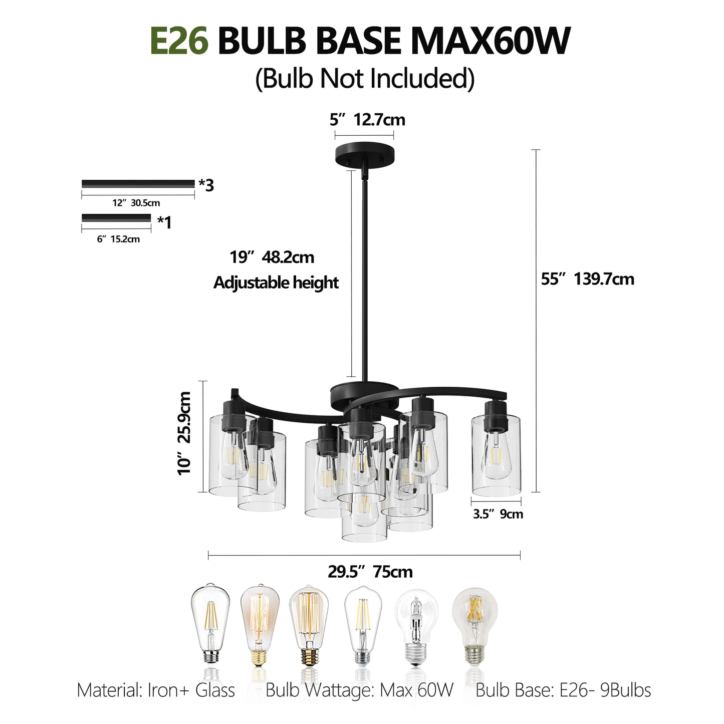 9-Light Black Modern Chandelier for Dining Room & Kitchen Island