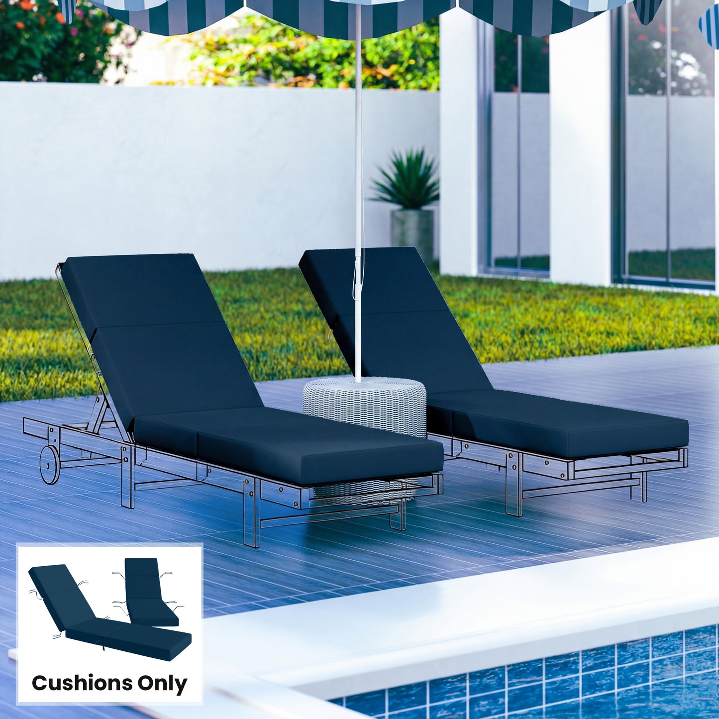 Outdoor Lounge Chair Cushions - Set of 2, 4" Thick, Navy Blue