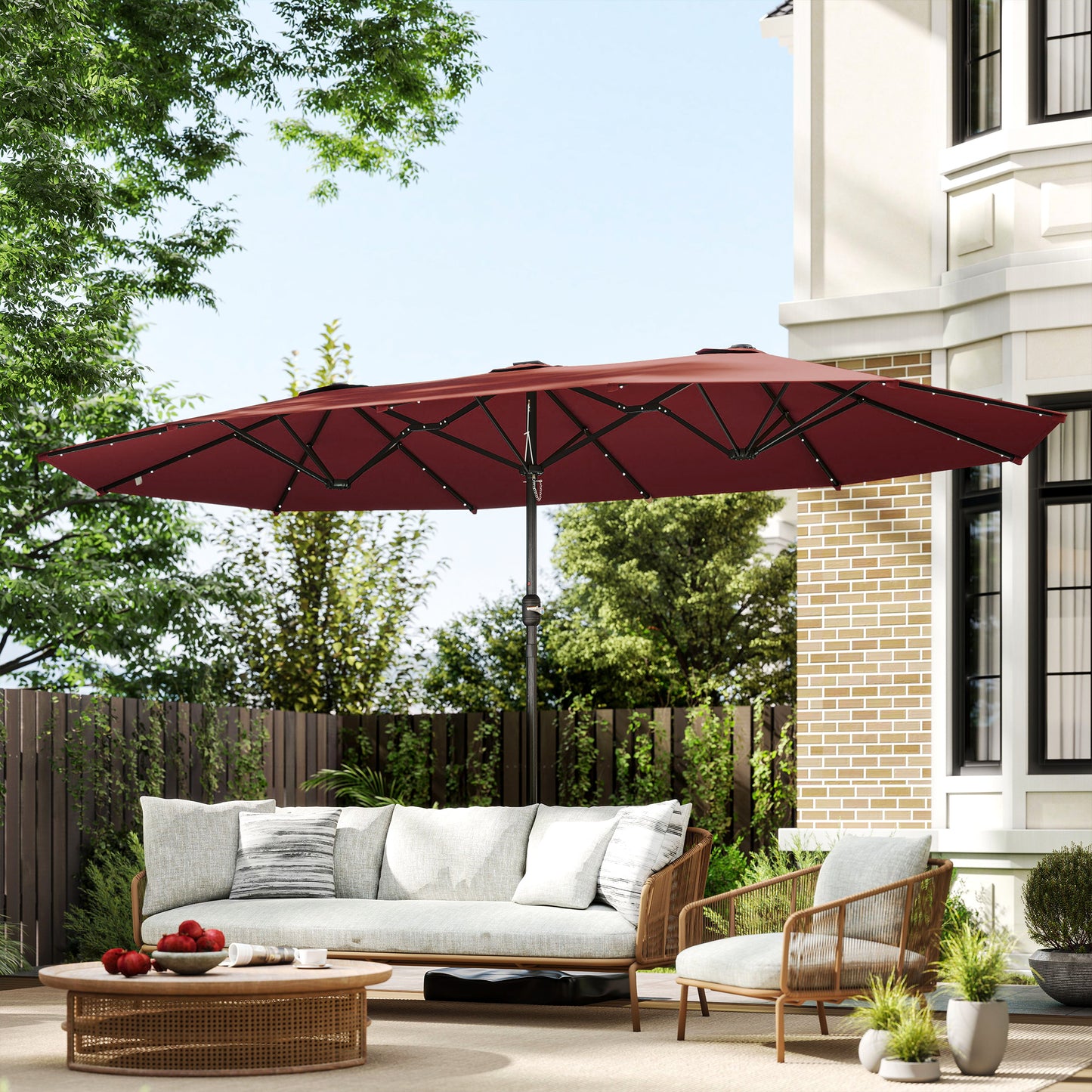 14.4ft Double-Sided Garden Parasol with LED Solar Lights - Wine Red