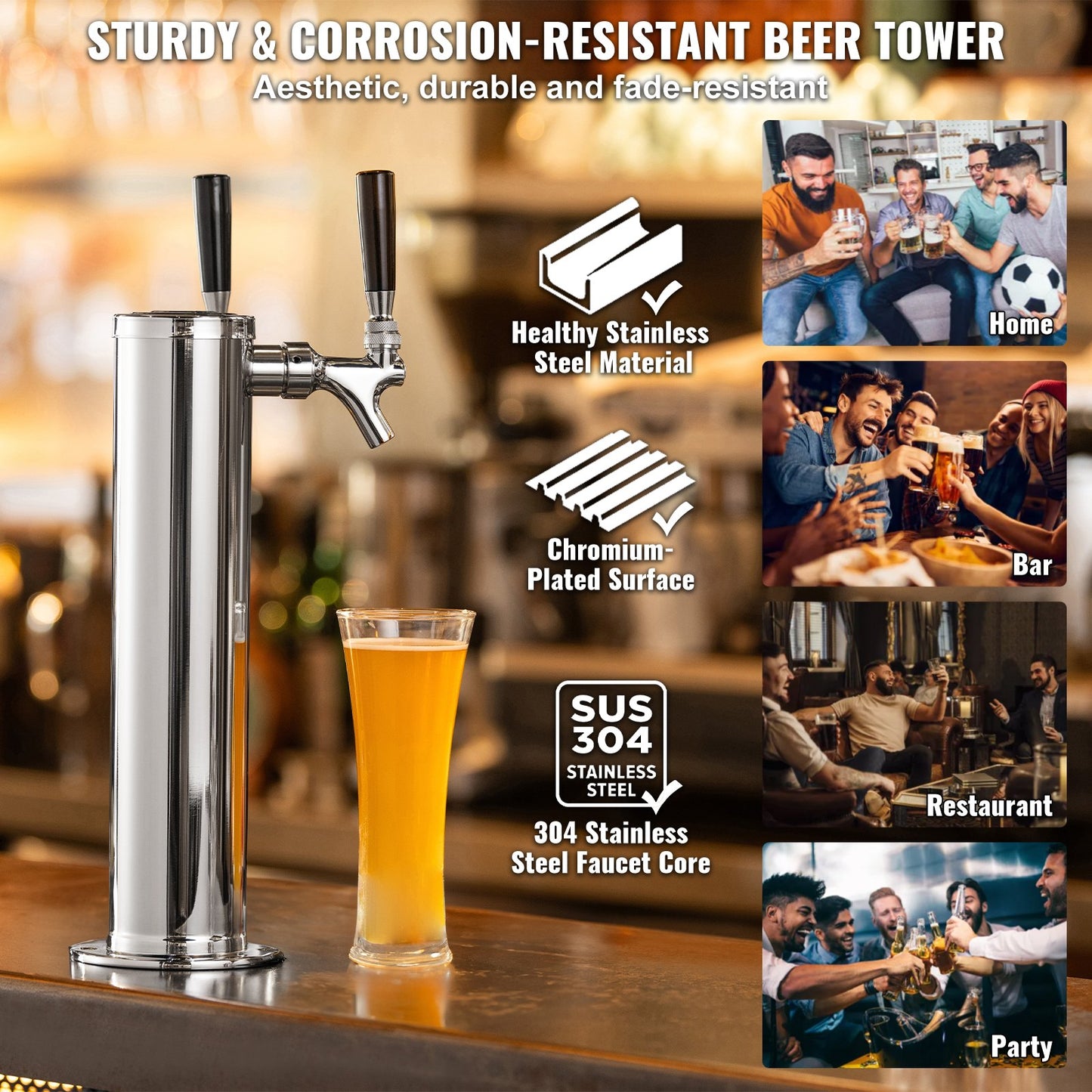 Dual Tap Kegerator Tower Kit - Stainless Steel Beer Dispenser
