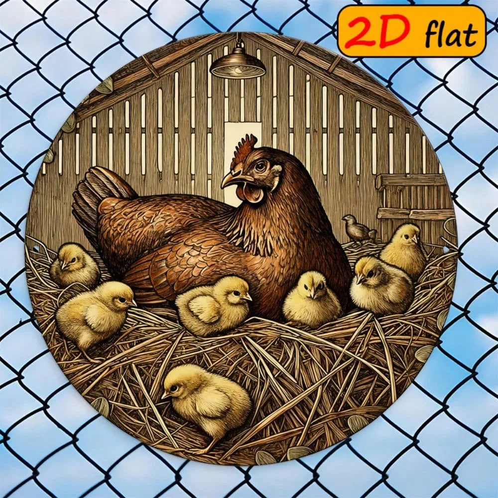 2D Flat Round Hen and Chick Metal Sign - 7.87 Inch Outdoor Decor