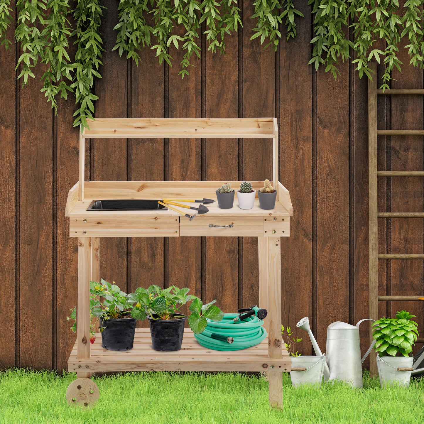 36-Inch Wooden Potting Bench Work Table with Removable Sink & Wheels