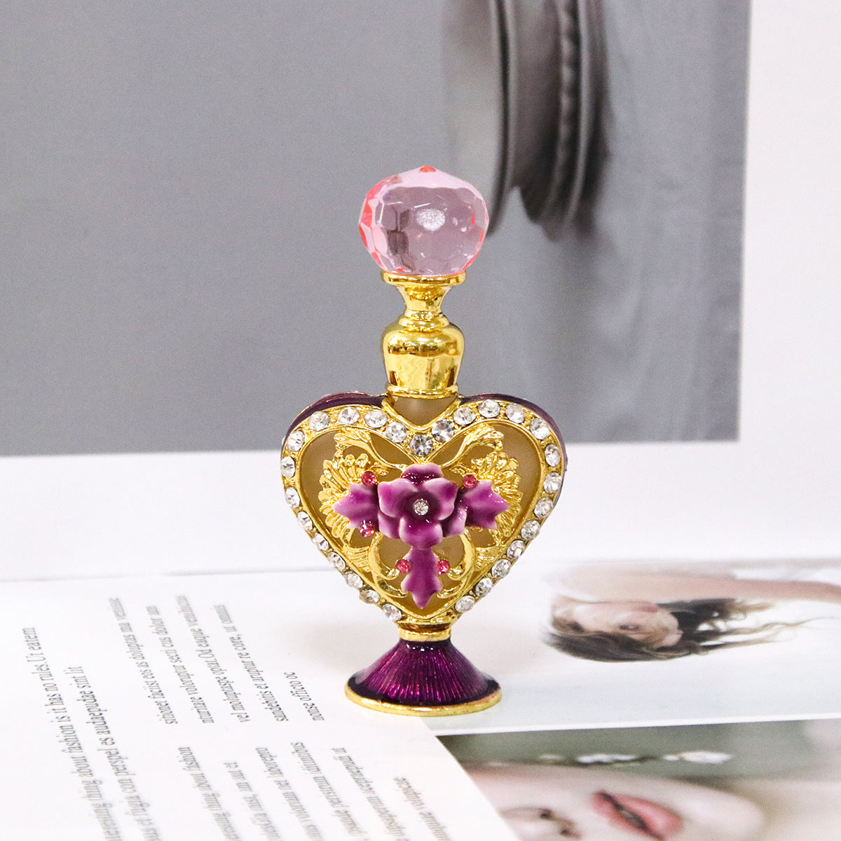 Heart-Shaped Mini Perfume Bottle with Rhinestones, 4ml - Purple & Light Purple Variants