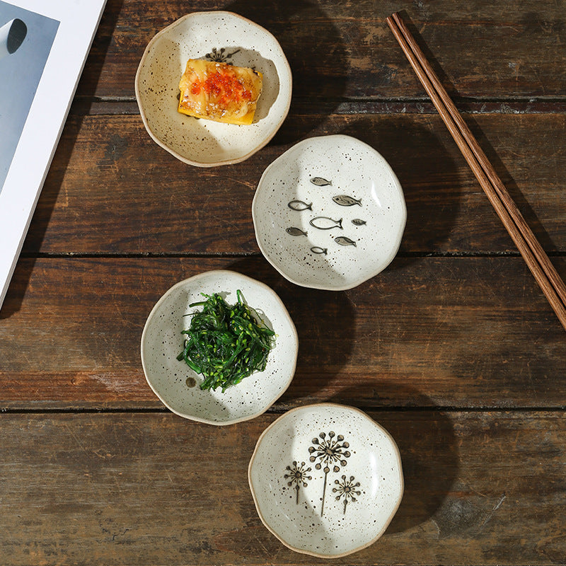 Japanese Ceramic Saucer for Condiments - Household Dish Small Fish & Sunflower Variants