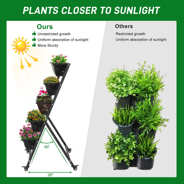Black 5-Layer Vertical Garden Planter with Wheels - 65x60x130cm