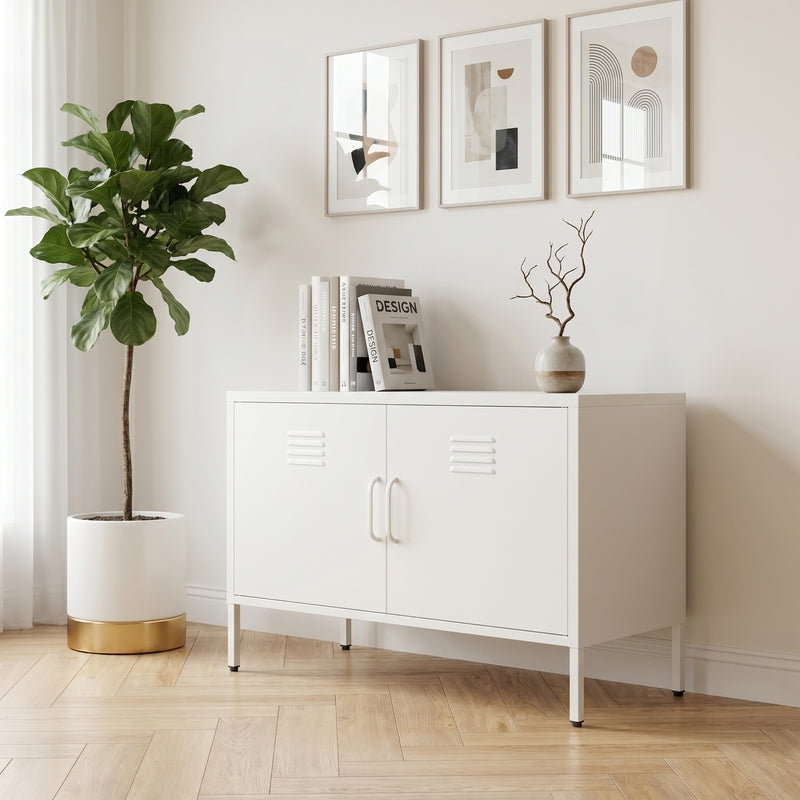 White Metal Storage Cabinet with Legs - Adjustable Shelf & Vent
