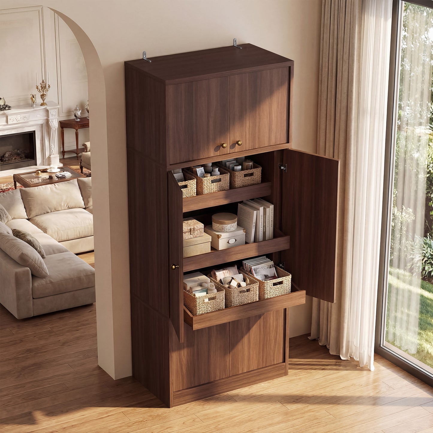 Tall Kitchen Pantry Cabinet - 71 Inch Freestanding Storage with Adjustable Shelves, Walnut Finish