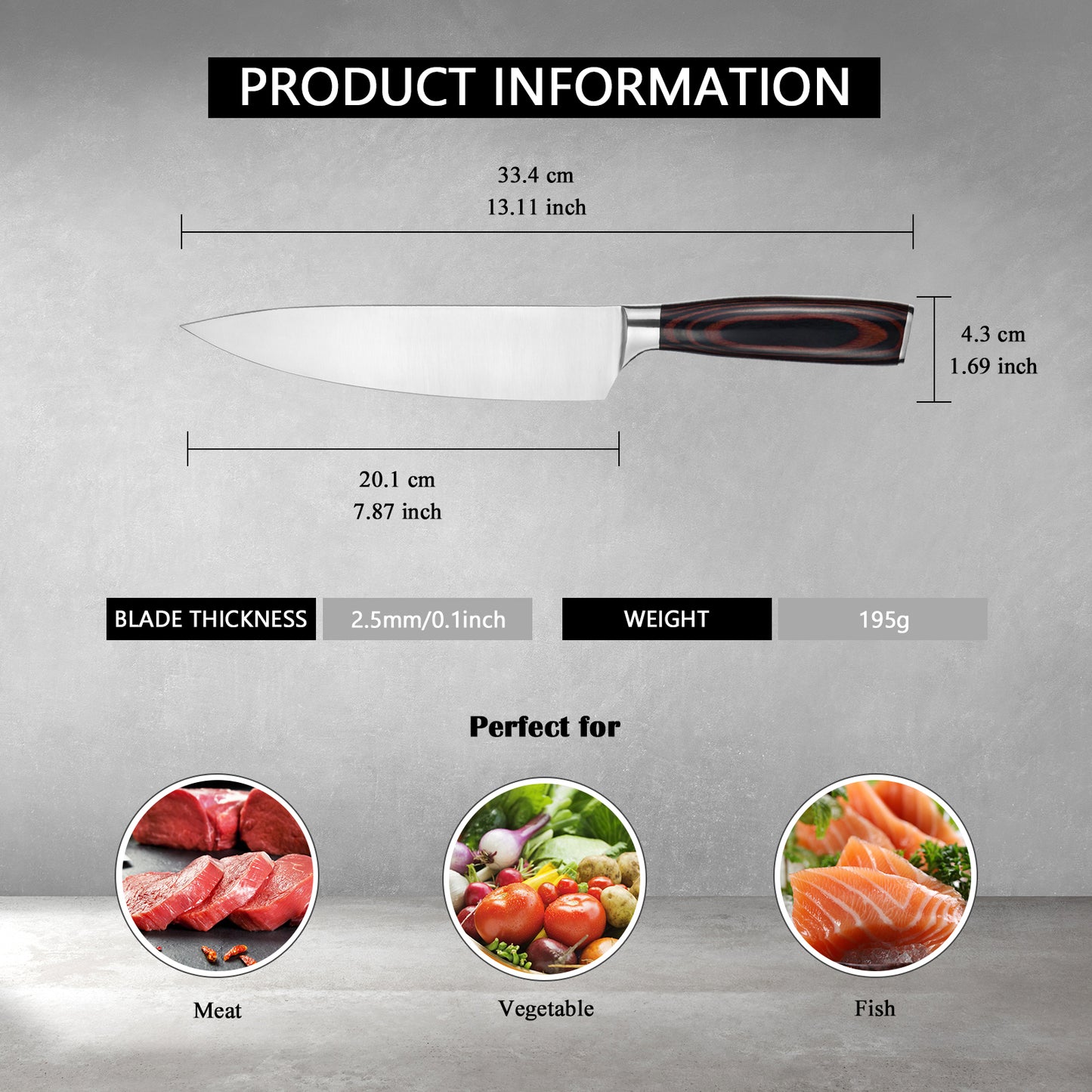 Japanese Chef Knife 8 Inch - High Carbon Stainless Steel Kitchen Knife with Rosewood Handle