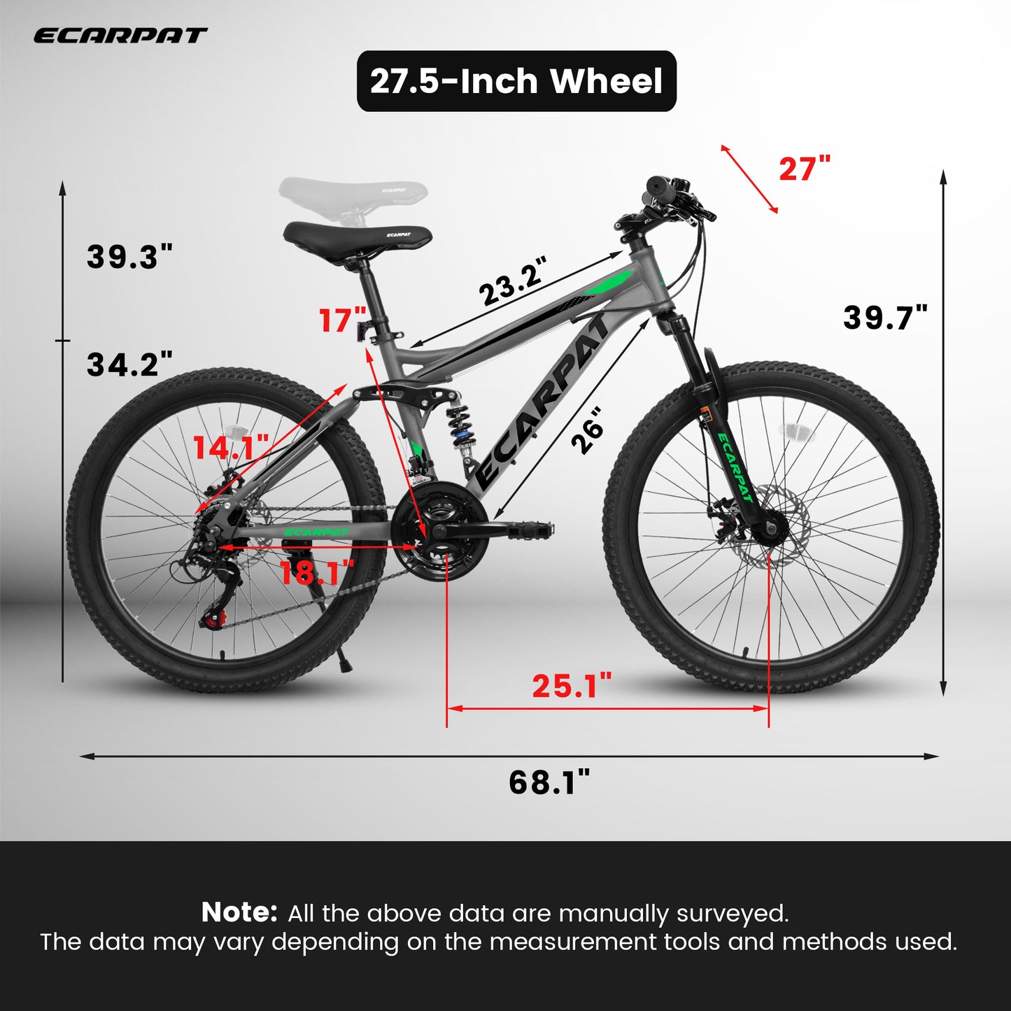 27.5 Inch Full Suspension Mountain Bike - 21 Speed, Dual Shock Absorbers, Grey