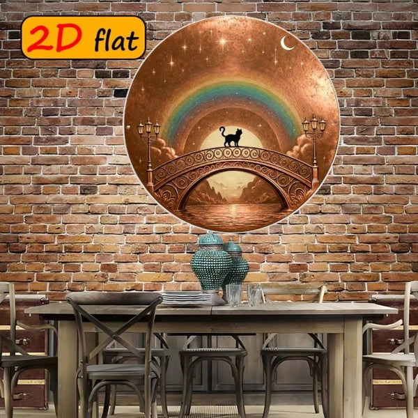 Cat Metal Wall Art Sign - Black Cat on Arch Bridge with Rainbow Sky