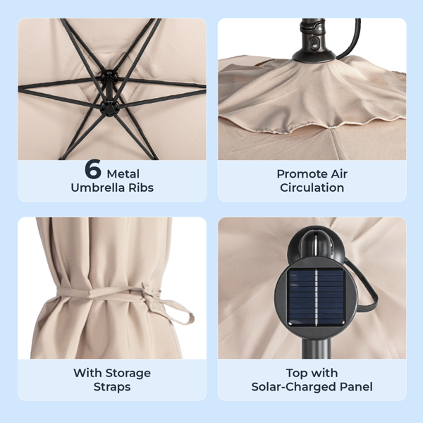 10FT Round Patio Hanging Umbrella with LED Lights - Khaki