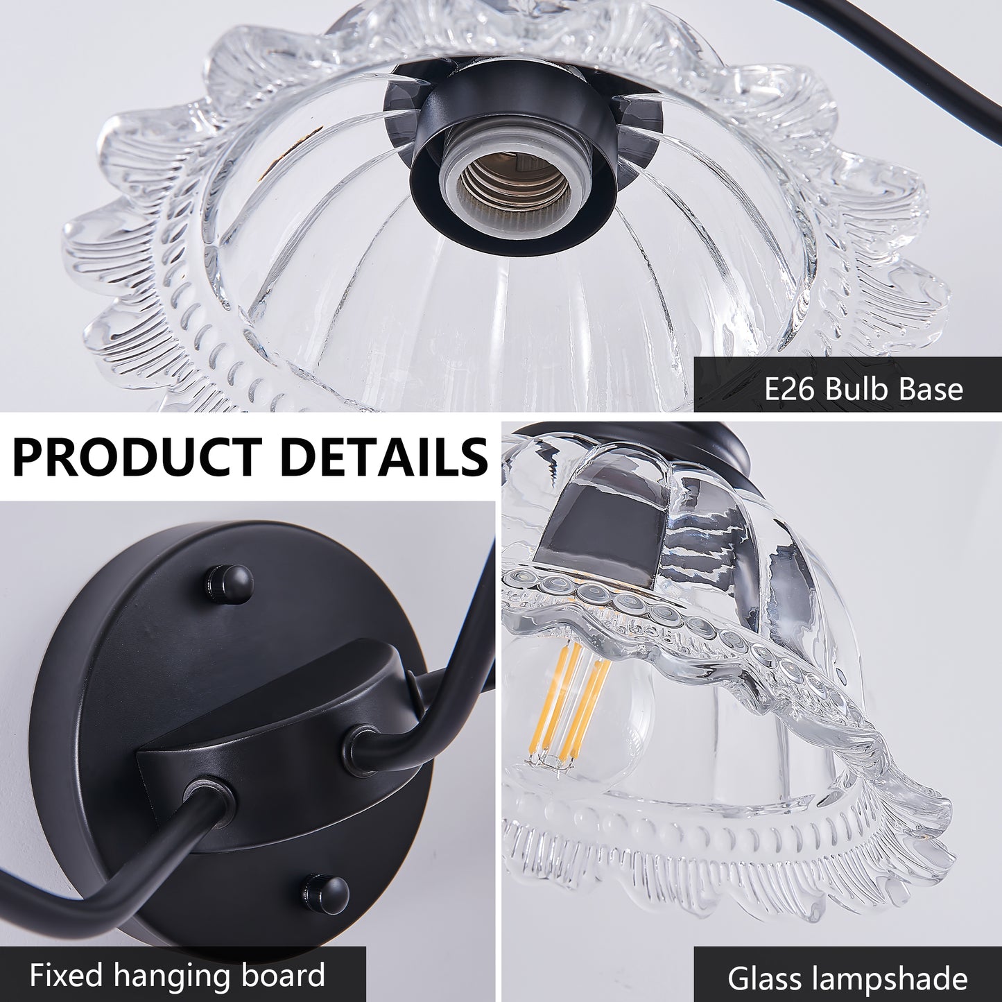 24 Inch 3-Light Vintage Bathroom Wall Sconce Black Metal Glass Vanity Light Fixture