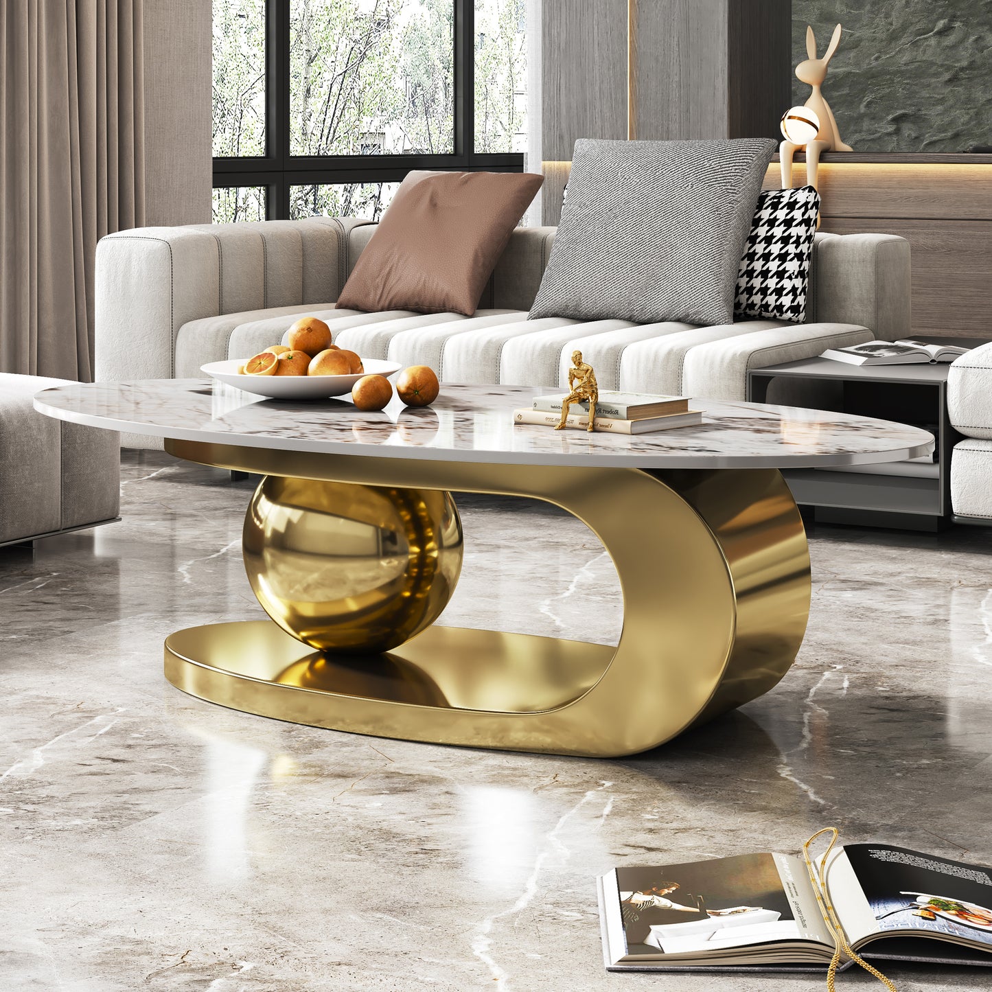Oval Faux Marble Coffee Table with Stainless Steel Base - Gold Multi