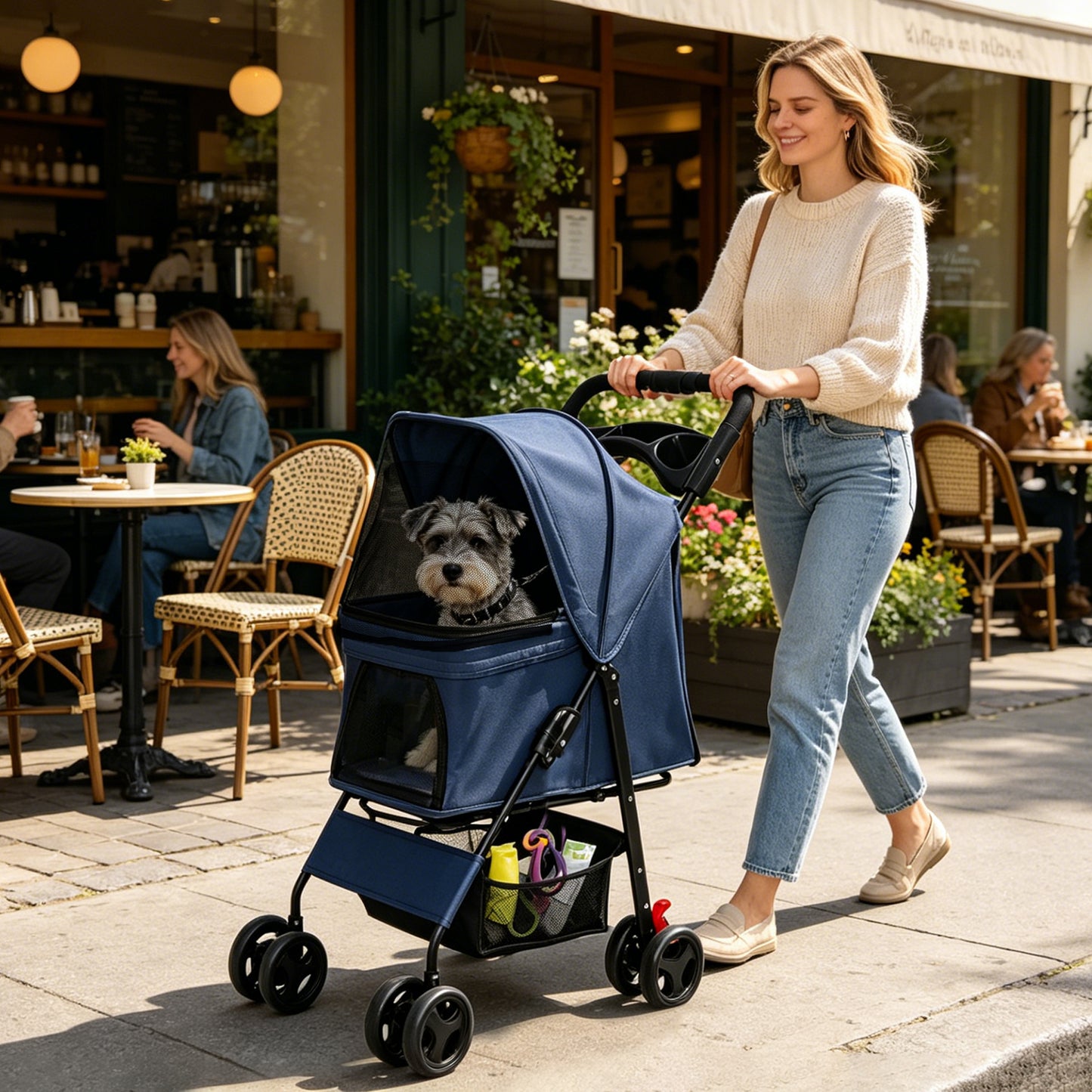 Foldable Pet Stroller for Small Dogs and Cats - Blue, 28 lbs Capacity