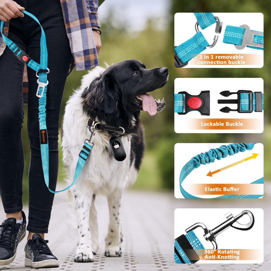 Removable Dog Seat Belt Harness for Car - 3-in-1 Pet Safety Leash & Restraint, Reflective Nylon, Blue