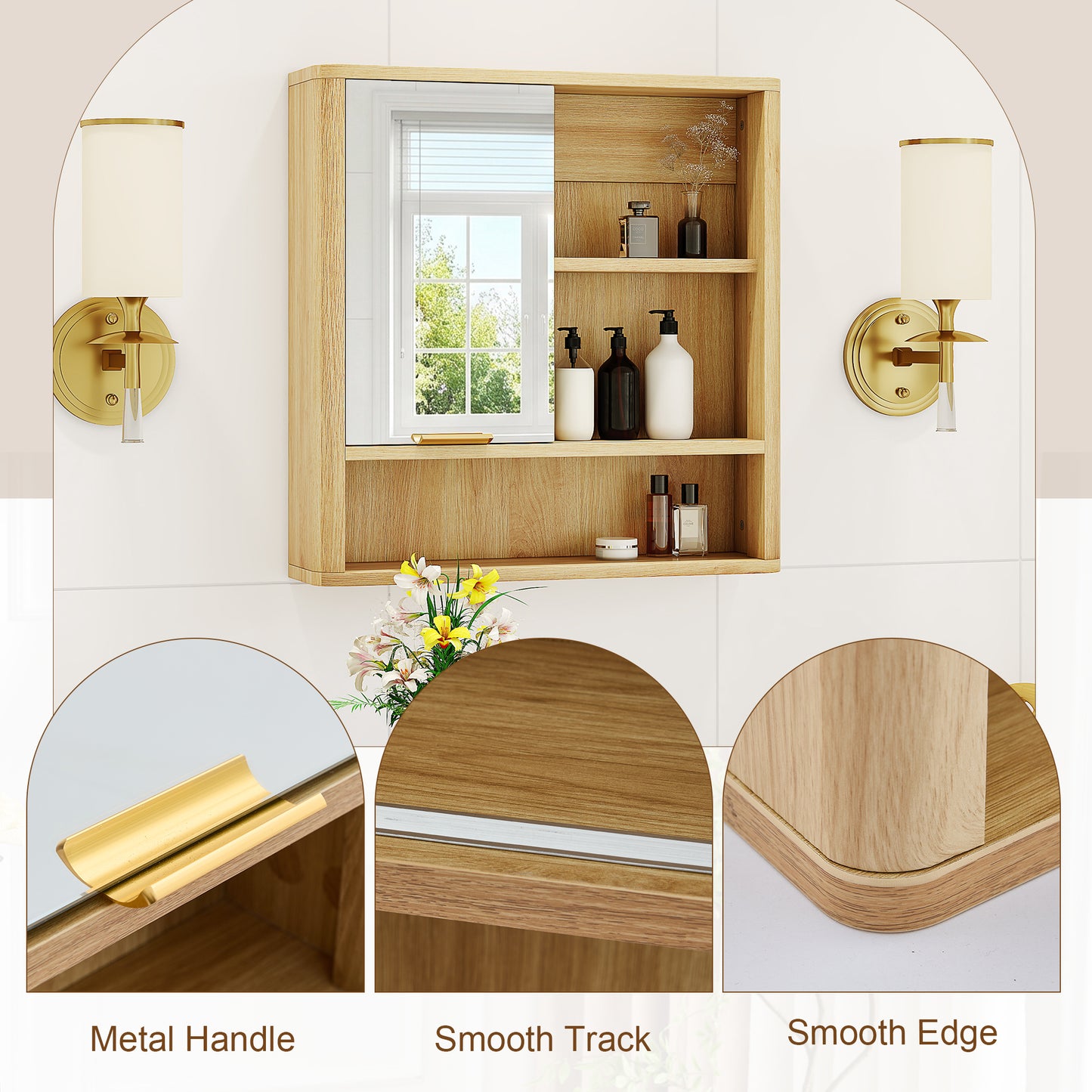 Wall Mounted Mirror Cabinet - Natural Wood Finish MDF Organizer