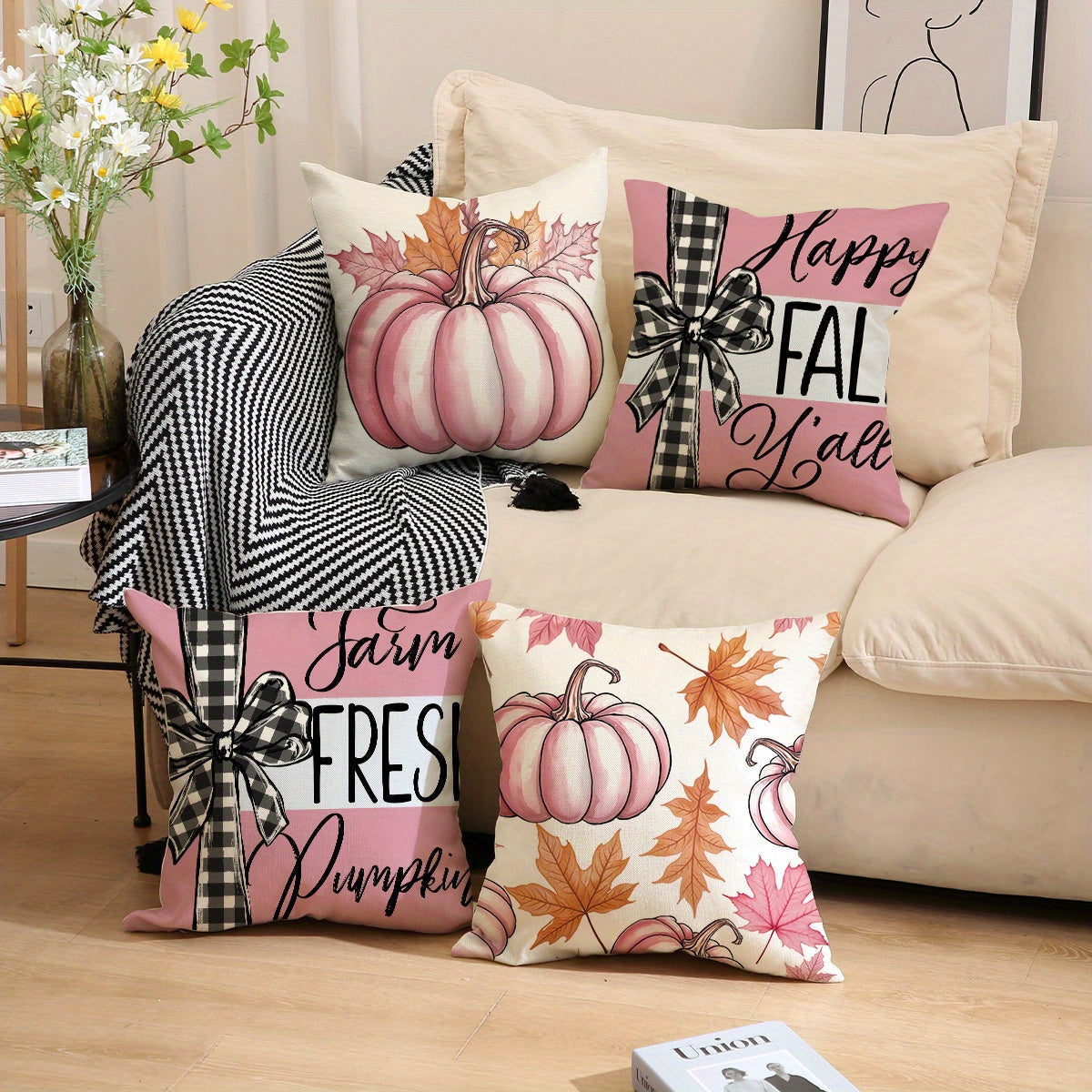 Fall Pillow Covers - 4 Pack 18x18in Pumpkin & Maple Leaf Decor