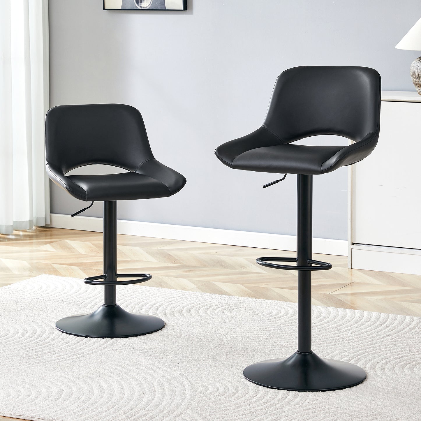 Modern Swivel Adjustable Bar Stools Set - 2 Pack, Black PU Material,
