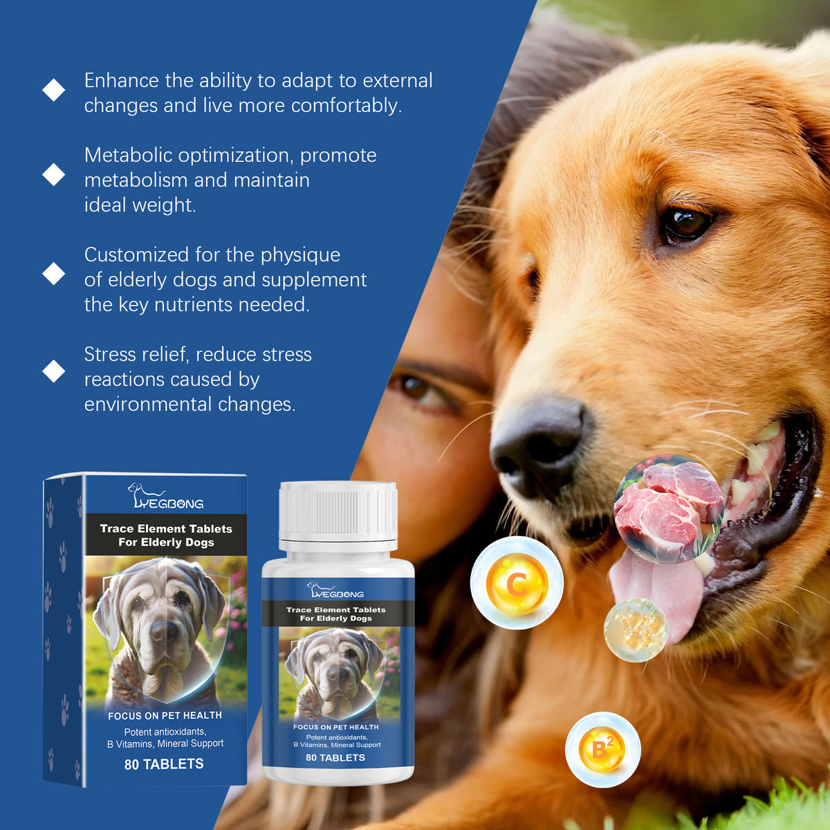 Senior Dog Multimineral Tablets for Bone, Skin & Digestion Support - 80 Chewable Pills