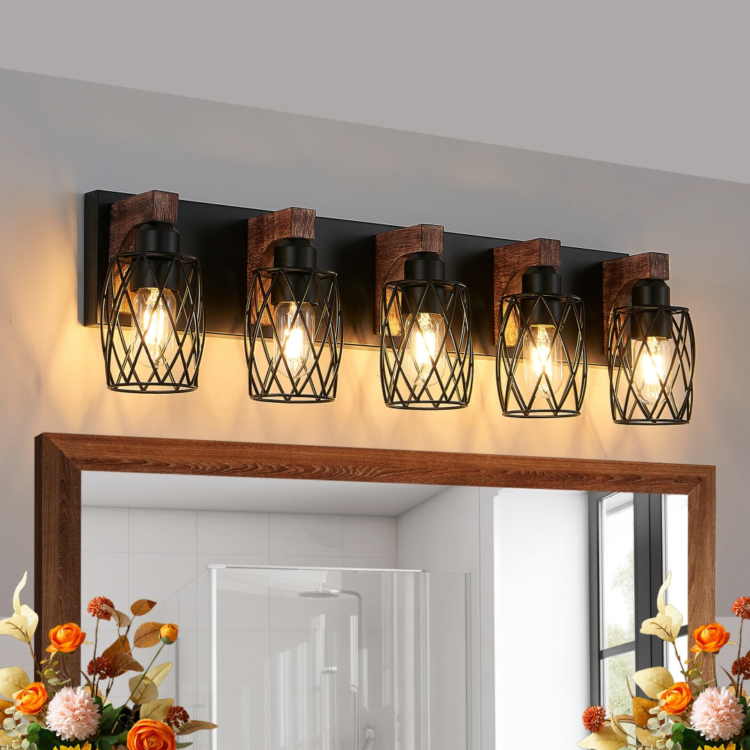 Vintage Industrial 5-Light Wall Sconce - Black Metal Cage & Wood