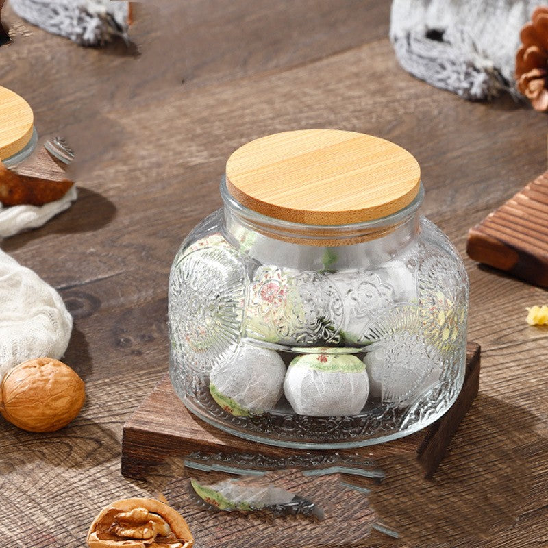 Glass Storage Jar with Wooden or Bamboo Cover - Snack, Tea, Household Sealed Container