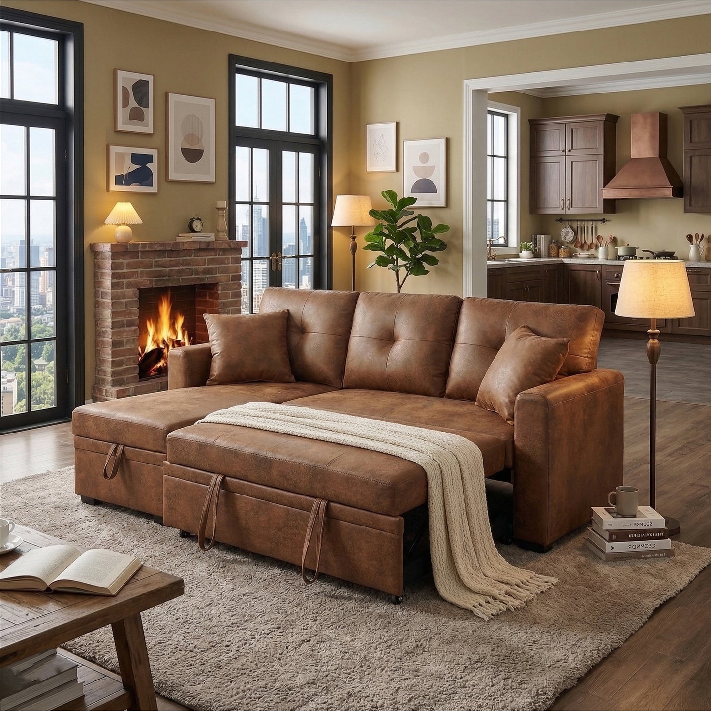 Light Brown Sectional Sofa Bed with Reversible Chaise & Storage