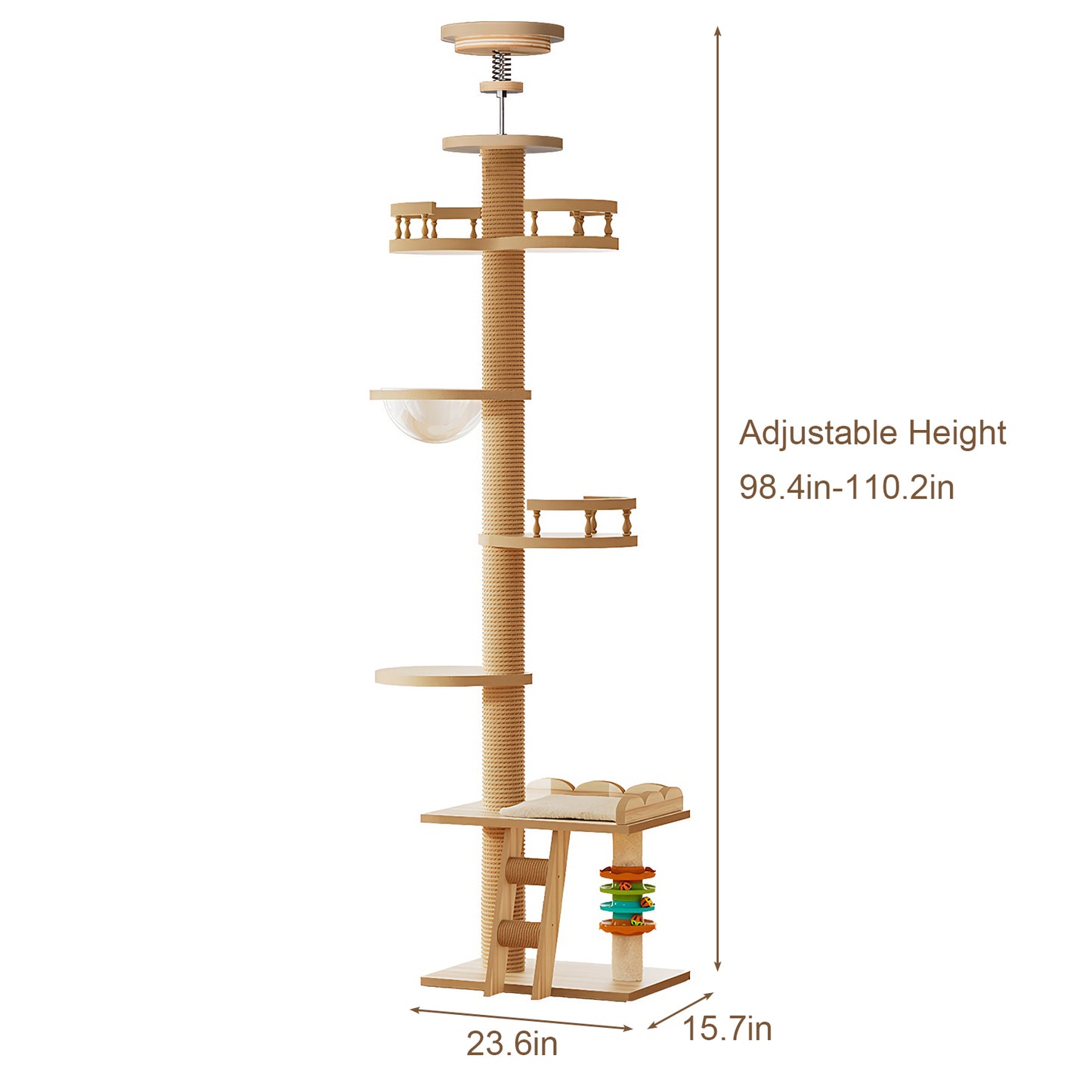 Adjustable Floor-to-Ceiling Cat Tree Tower with Sisal Post & Toys, Natural Finish