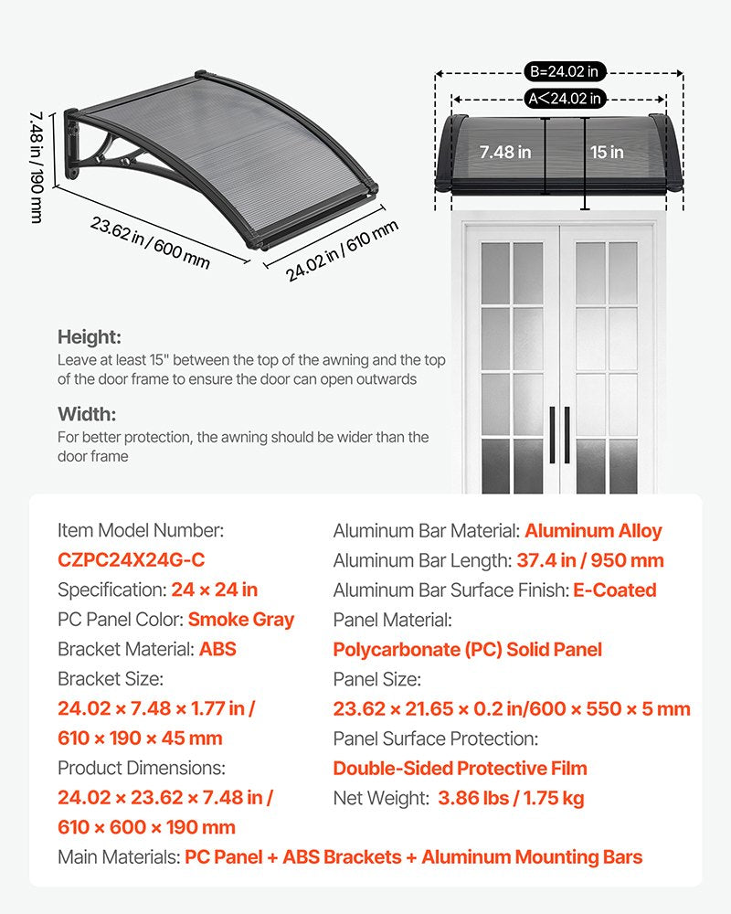 Outdoor Door Canopy Awning 24x24 Inch Polycarbonate Rain Snow Sun Shield with Drainage - Black