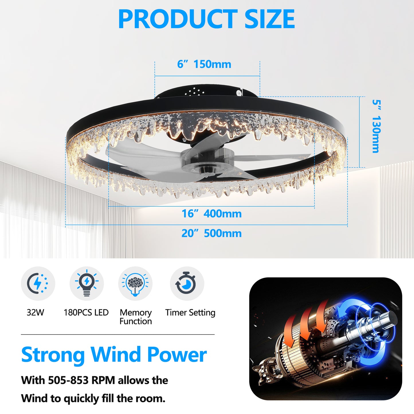 20-Inch Smart Flush Mount Ceiling Fan with LED Light & Remote Control