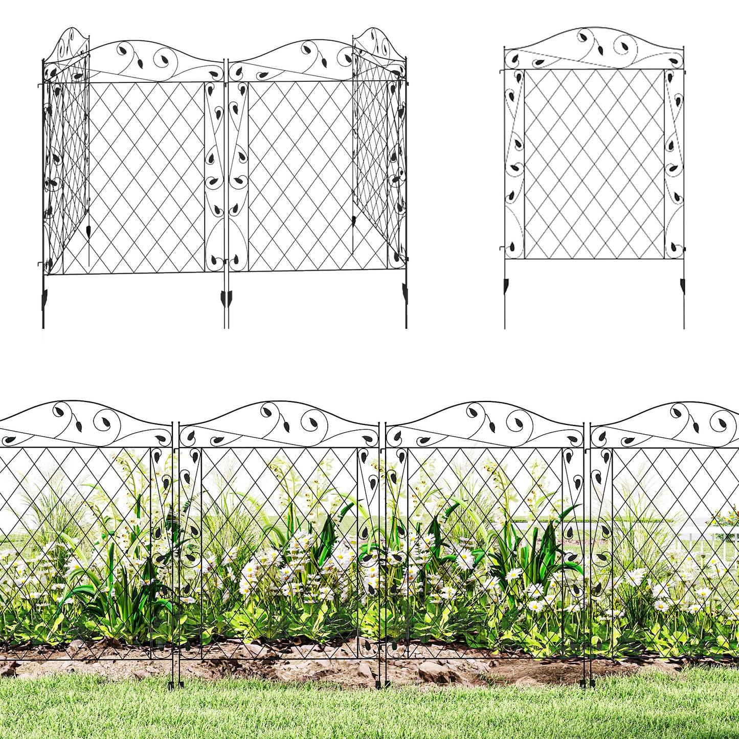 4-Pack Steel Garden Fence Panels - Rust-Resistant Edging - Black