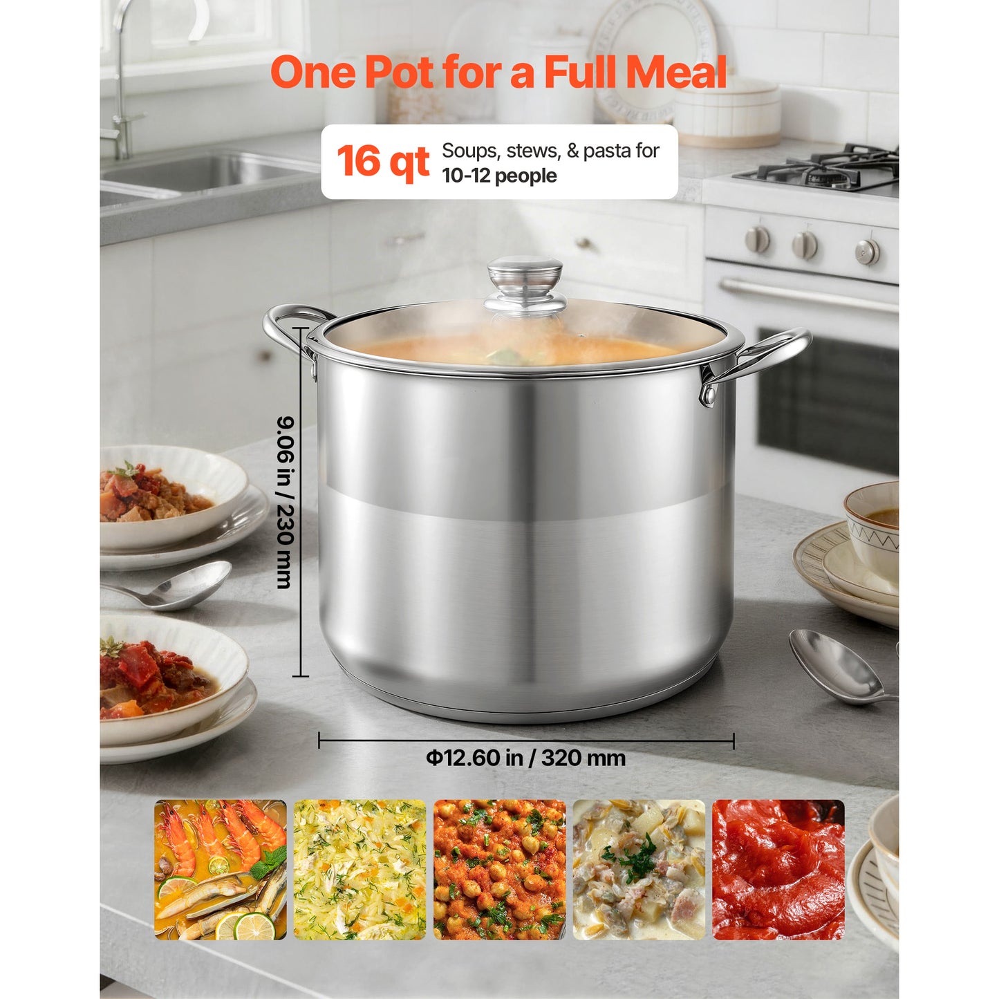 16-Quart Stainless Steel Stock Pot with Glass Lid - PFOA & PFAS-Free, Compatible with Gas & Induction Stoves for Soups, Stews, Pasta