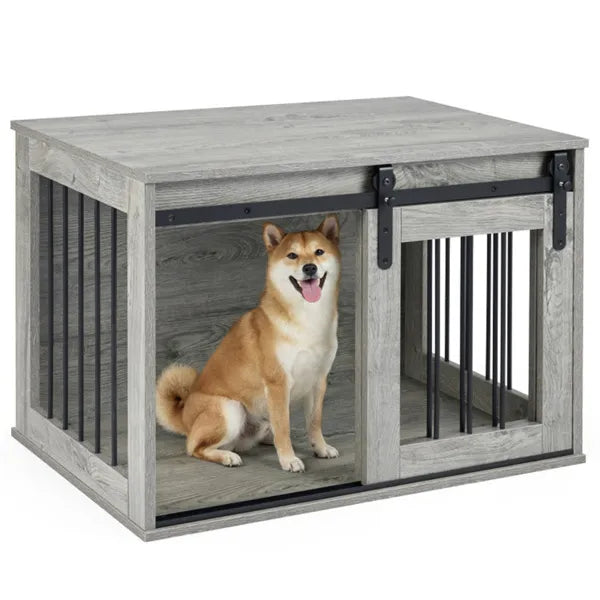 Dog Crate Furniture with Sliding Barn Door - 31.5-Inch Wooden Indoor Kennel & End Table - Gray