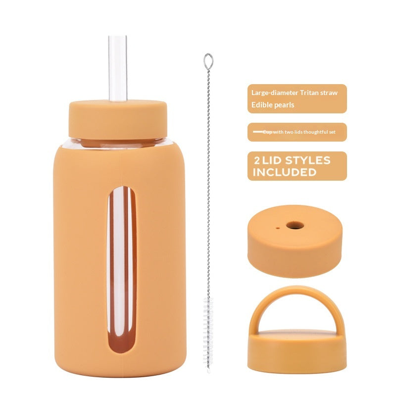 600ml Silicone Sleeve Glass Water Cup with Dual Lids - Heat-Resistant & Sipper-Friendly